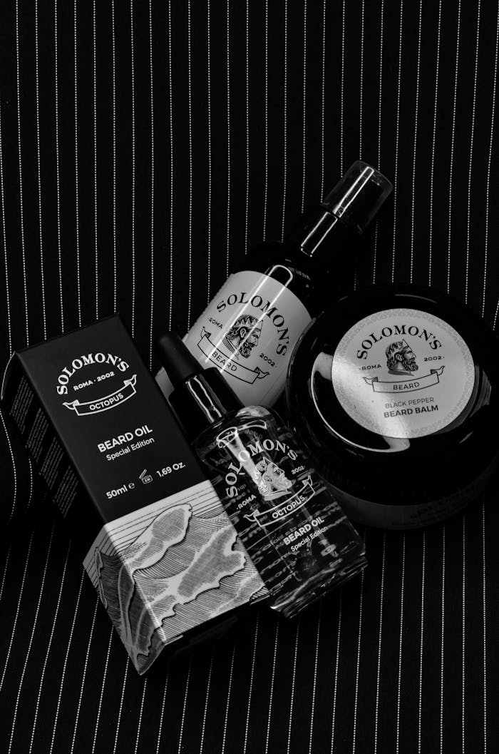 A stylish display of Solomon's beard care products in black and white tones, ideal for grooming enthusiasts.